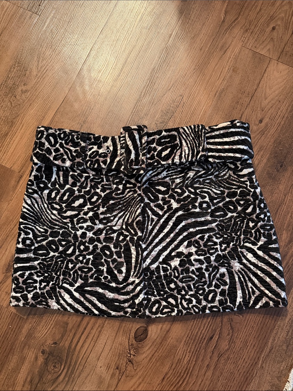 Maeve Black & White Mixed Animal-Print Mini Skirt with Belt Detail